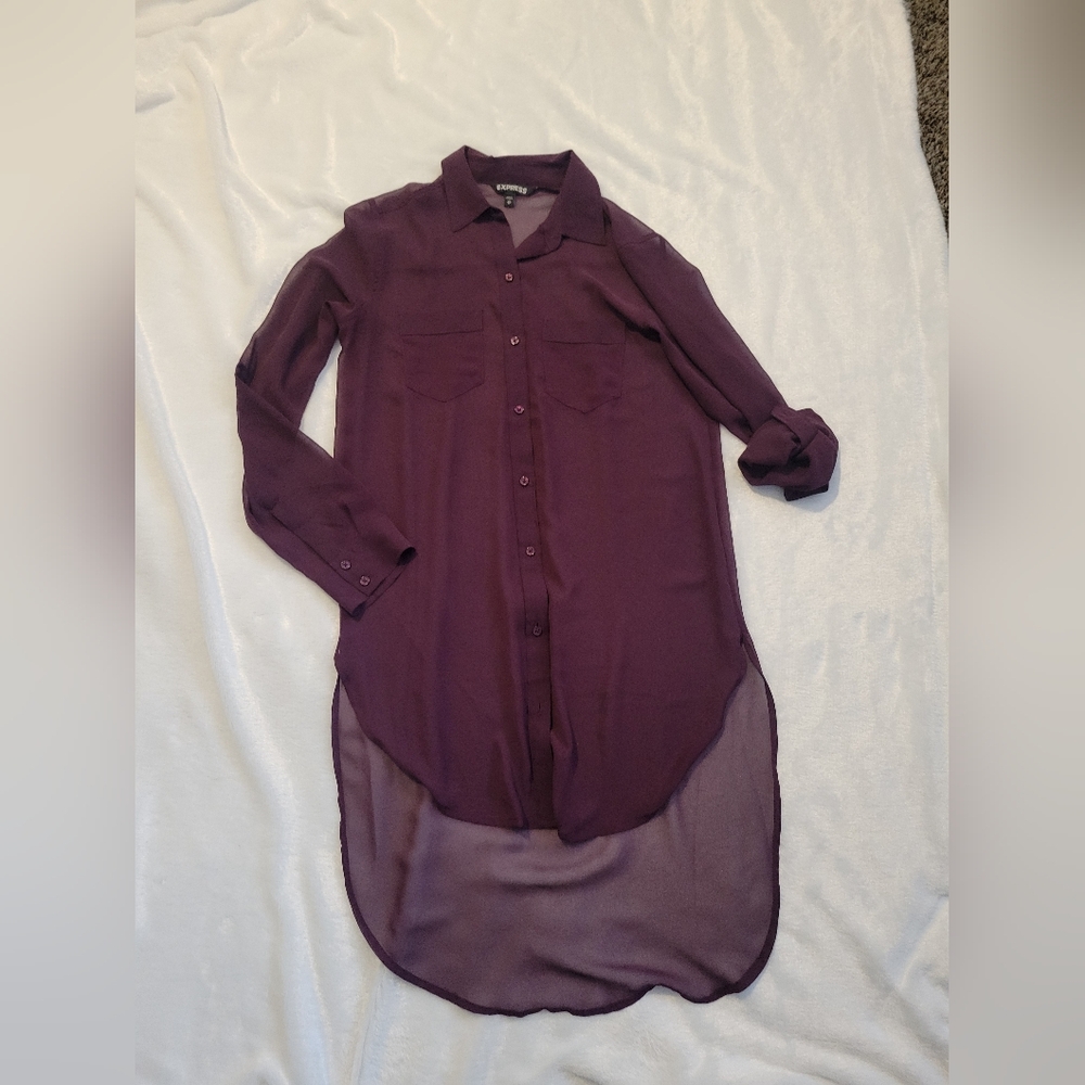 Express Eggplant Sheer Button-Up Long Shirt